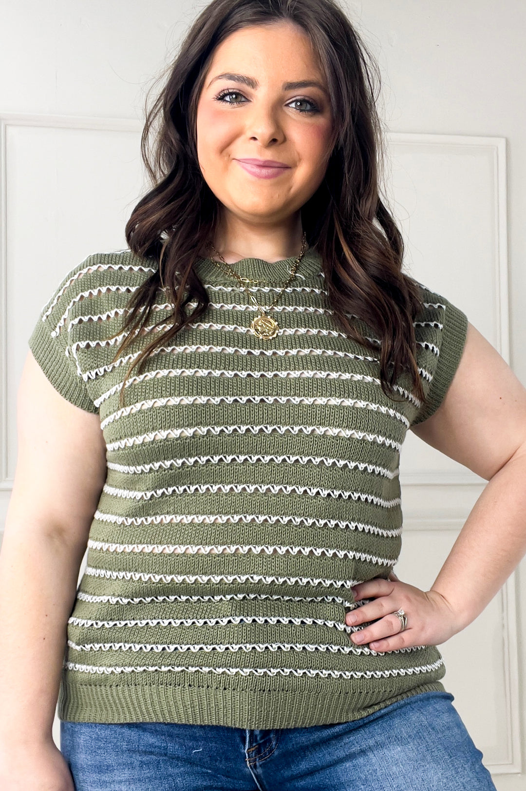 Extended Cap Sleeve Striped Sweater