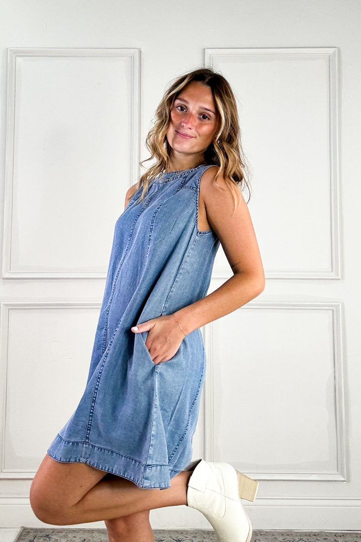 Chambray Round Neckline Sleeveless A-Line Mini Dress