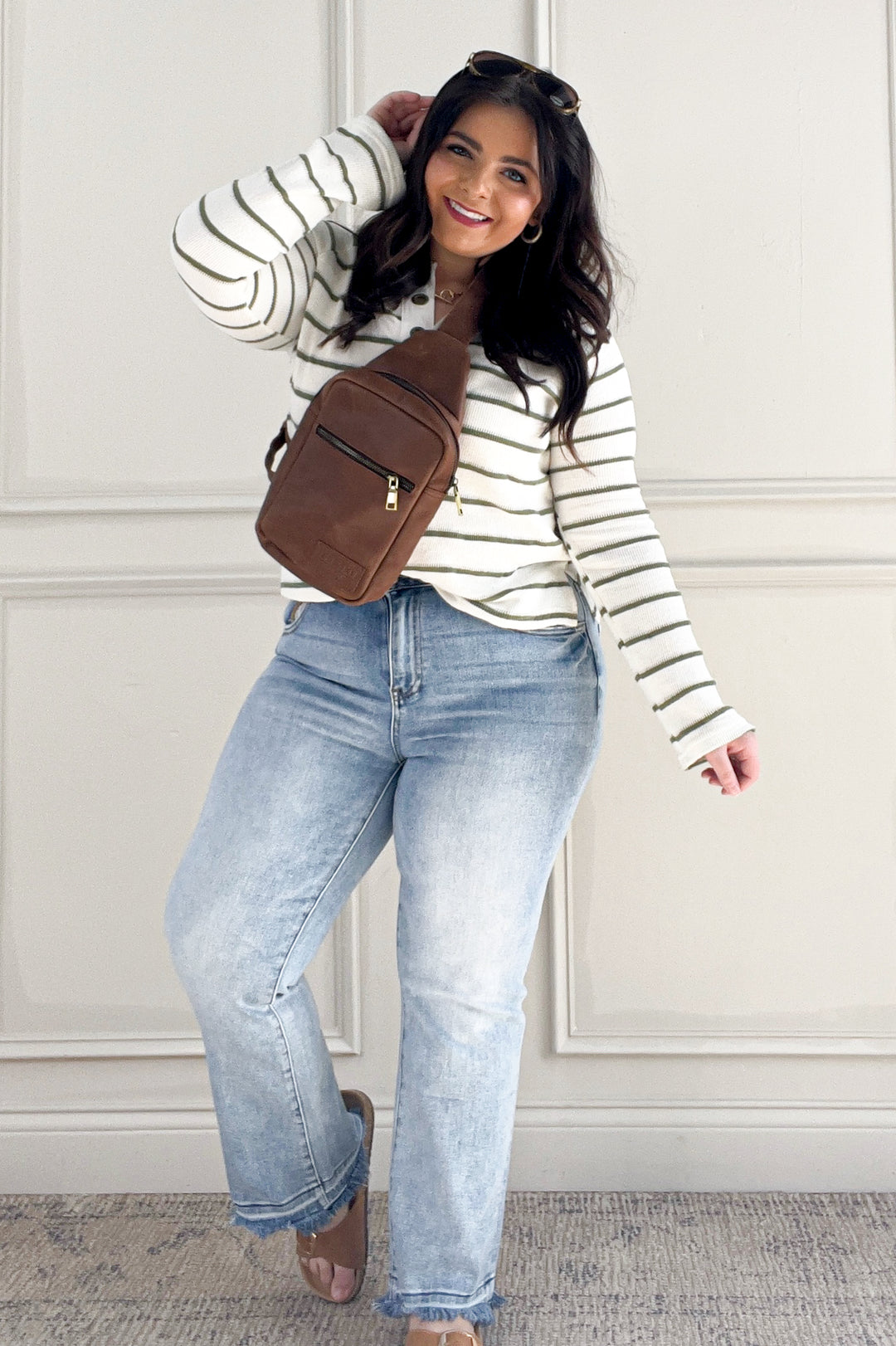 Stripe Eyelet Detail Long Sleeve Top