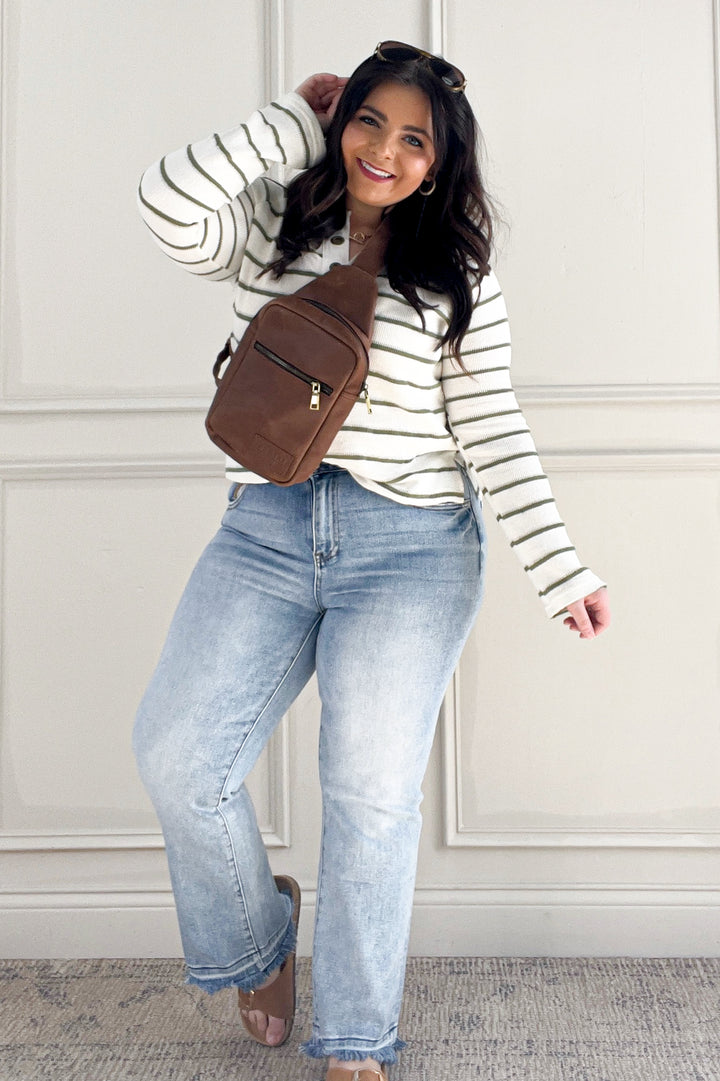 Stripe Eyelet Detail Long Sleeve Top