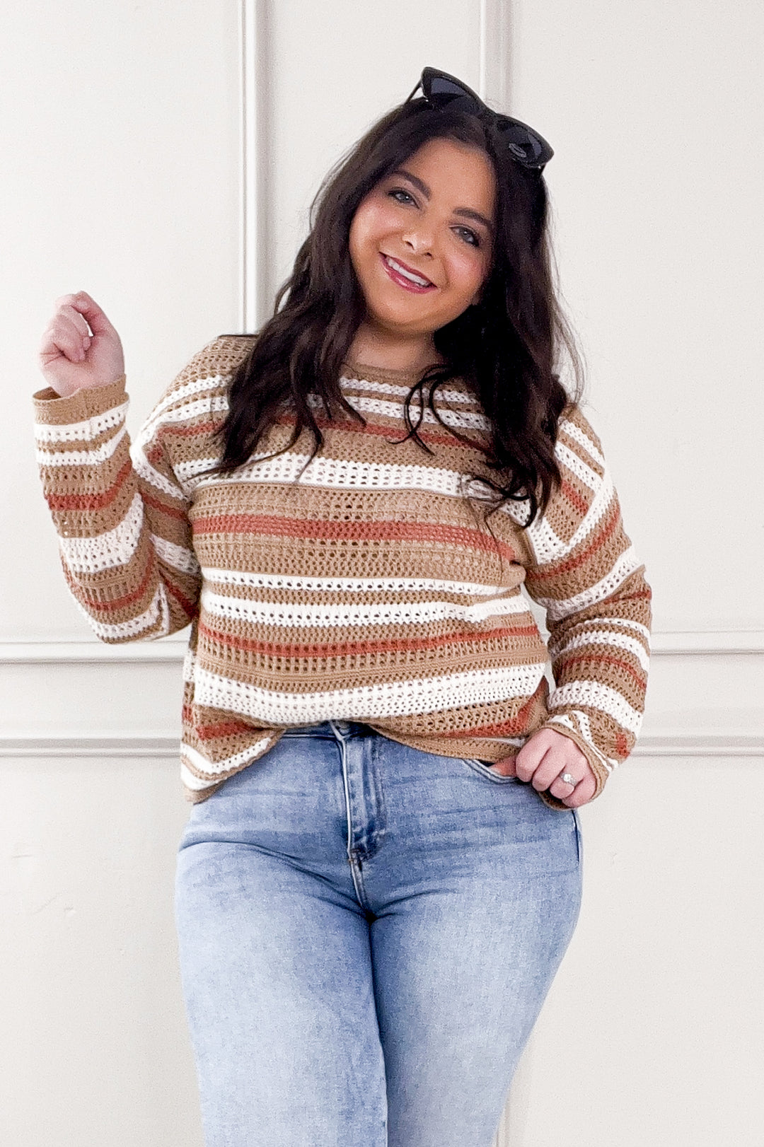 Taupe Striped Crochet Knit Sweater