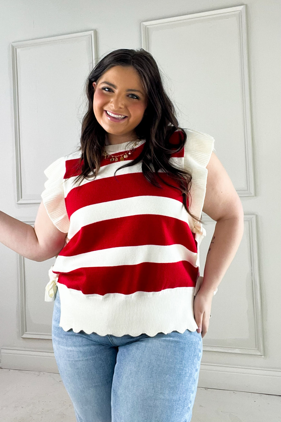 Bold Ribbon Detail Striped Ruffle Sweater