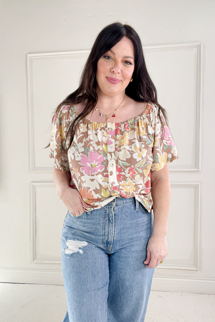 Elastic Scoop Neck Breezy Floral Linen Top