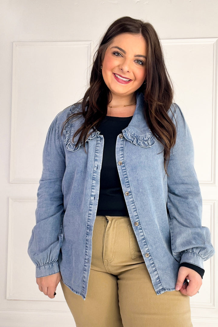 Ruffled Collar Denim Button-Up Blouse