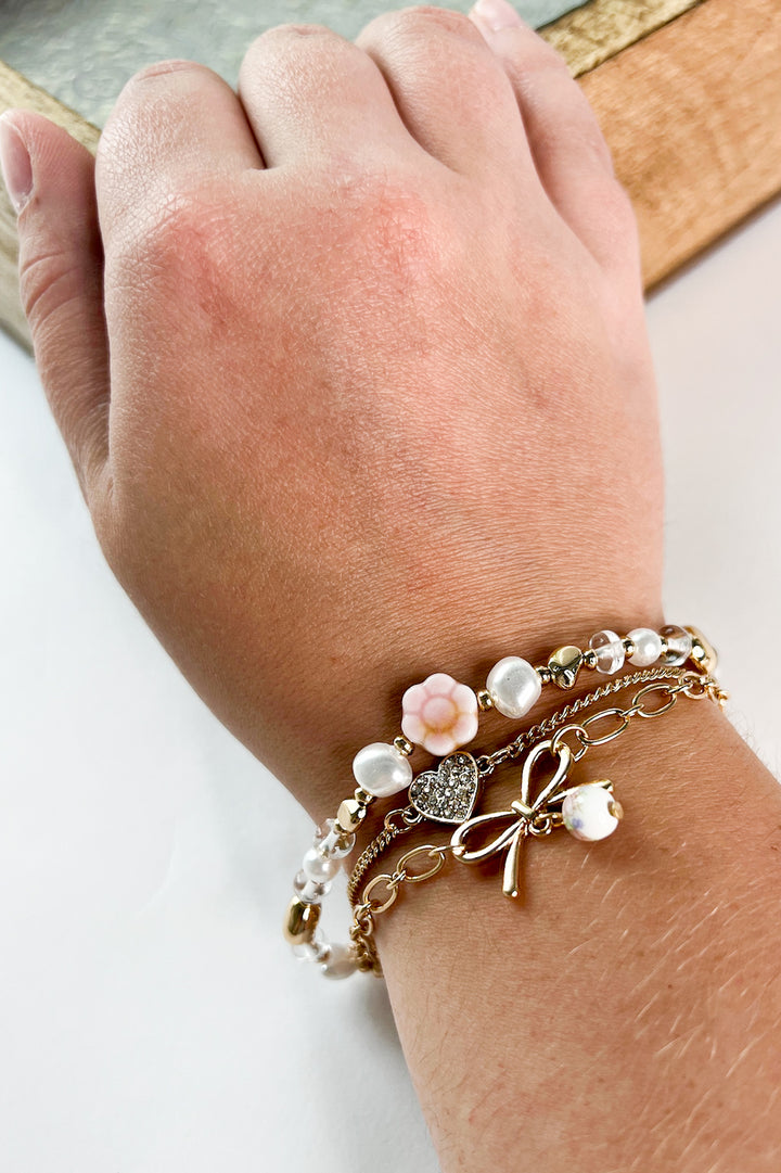 Heart Bow & Beaded Charm Bracelet Set