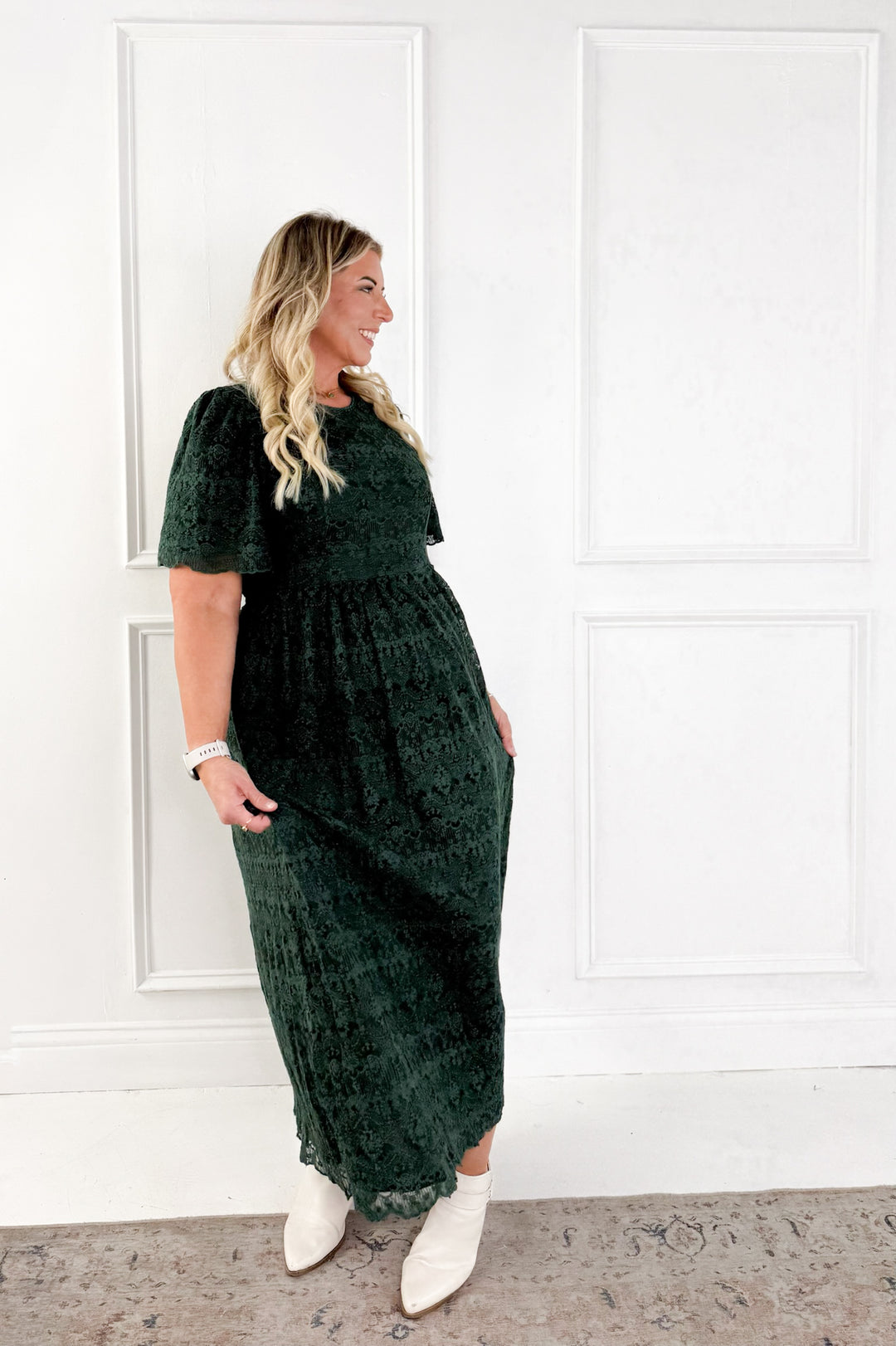 Lace Short Flutter Sleeve Midi Dress