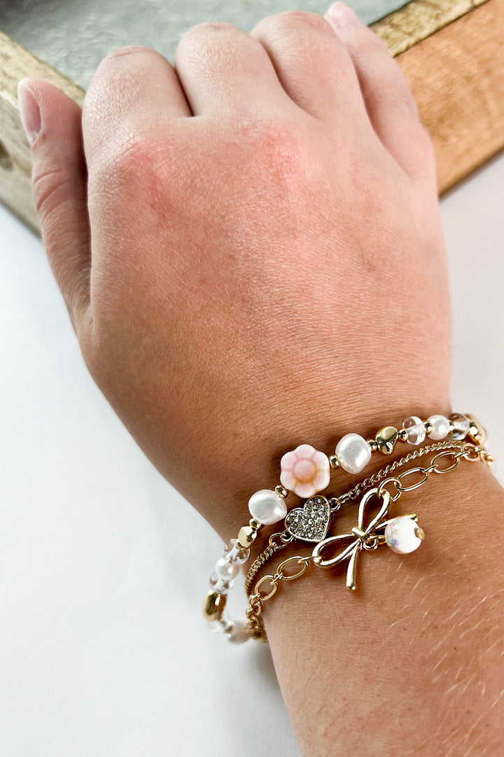 Heart Bow & Beaded Charm Bracelet Set