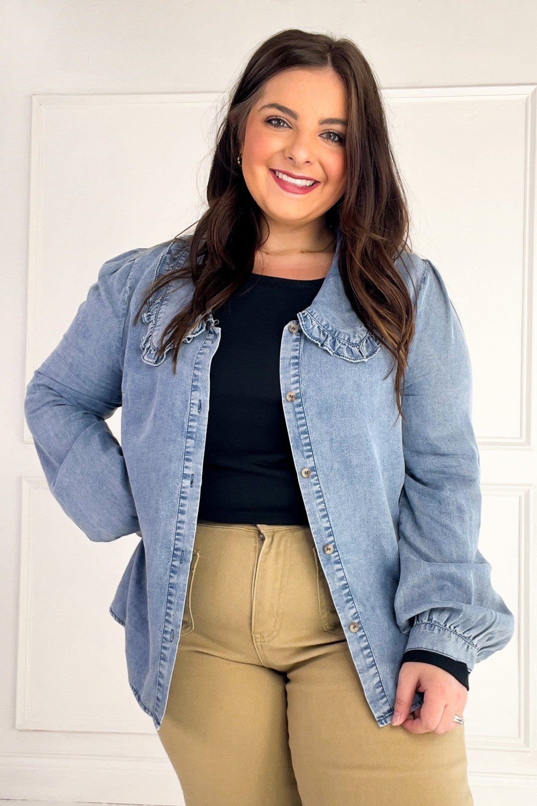 Ruffled Collar Denim Button-Up Blouse