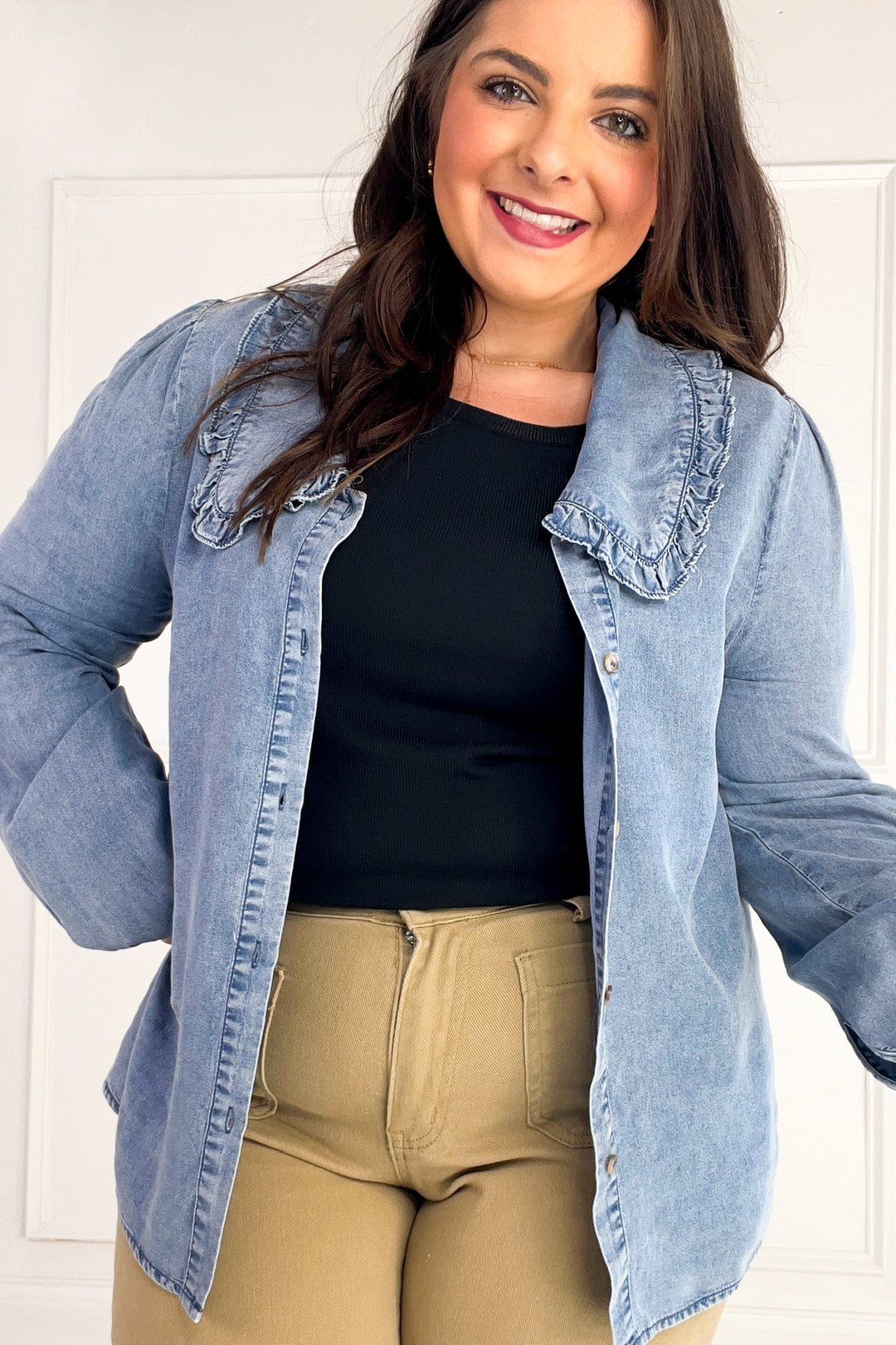 Ruffled Collar Denim Button-Up Blouse
