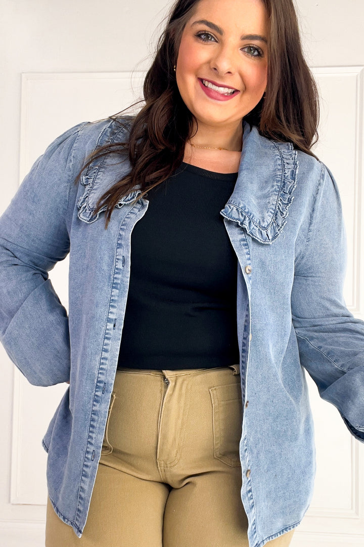 Ruffled Collar Denim Button-Up Blouse