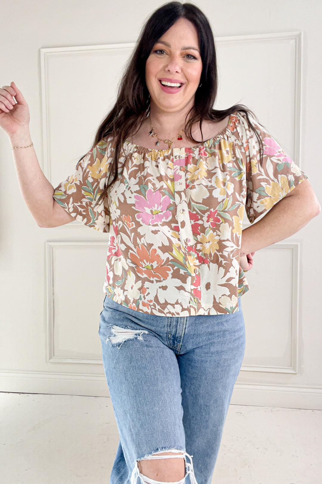 Elastic Scoop Neck Breezy Floral Linen Top