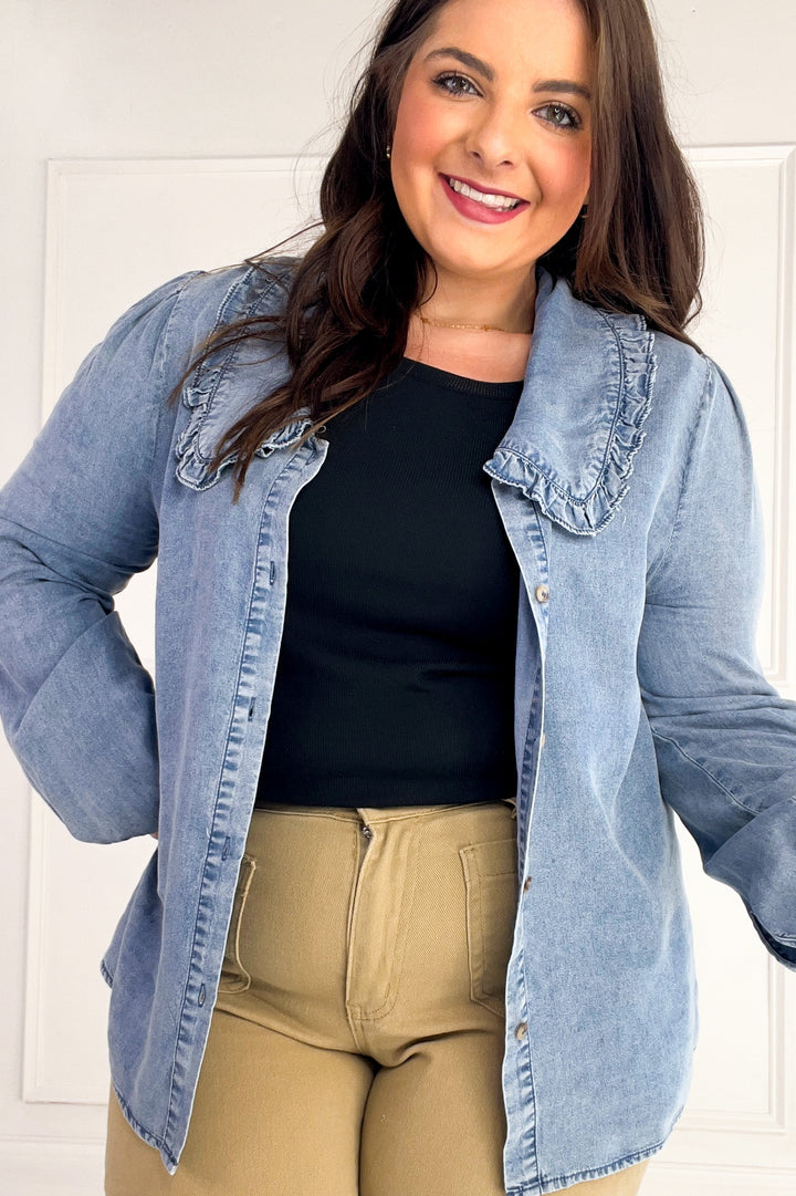 Ruffled Collar Denim Button-Up Blouse
