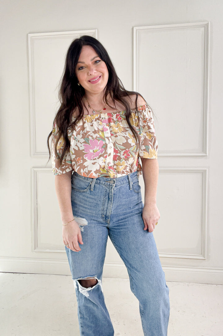 Elastic Scoop Neck Breezy Floral Linen Top