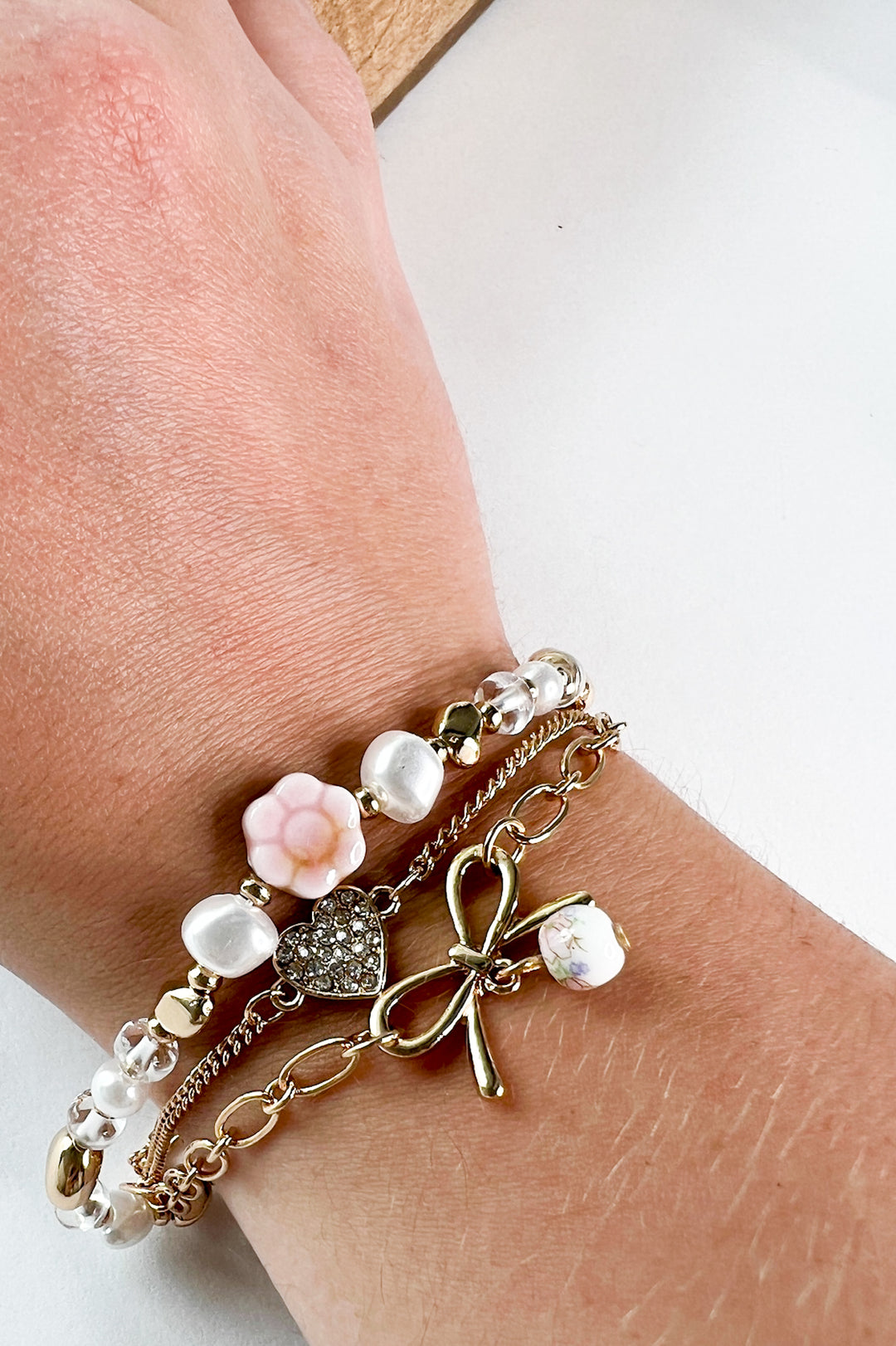 Heart Bow & Beaded Charm Bracelet Set