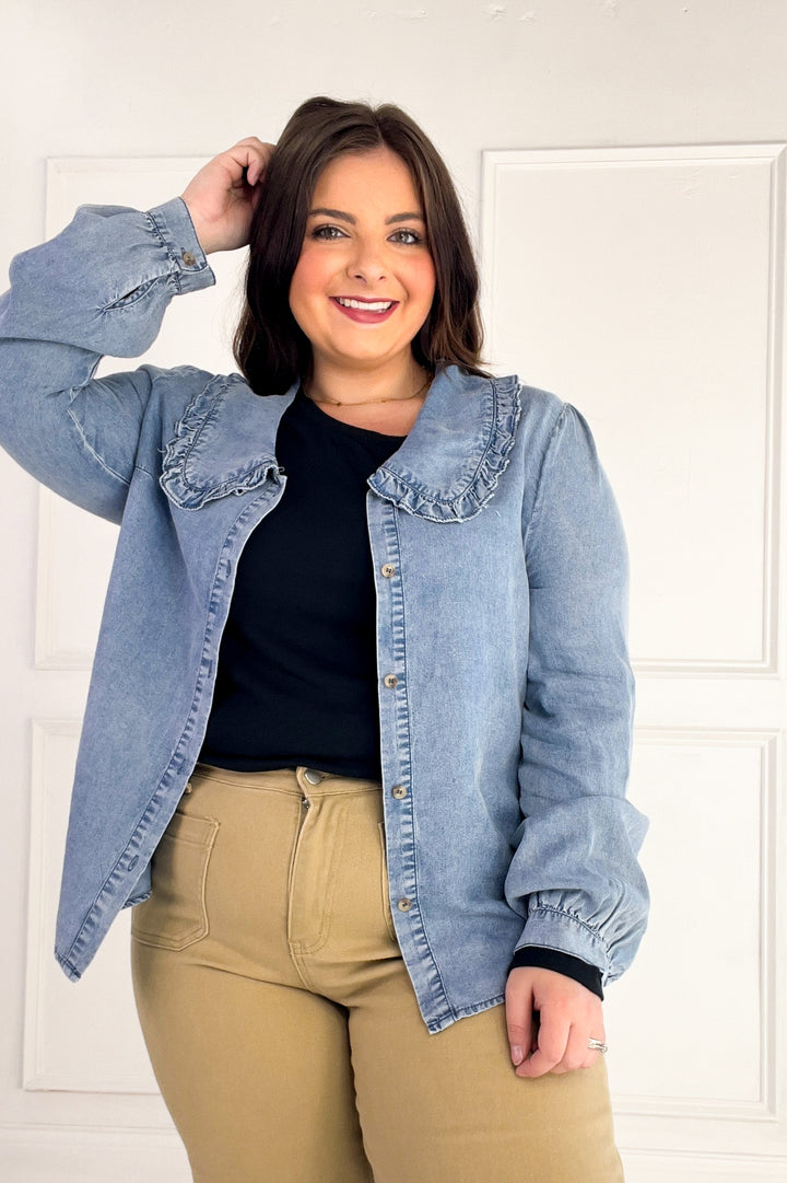 Ruffled Collar Denim Button-Up Blouse