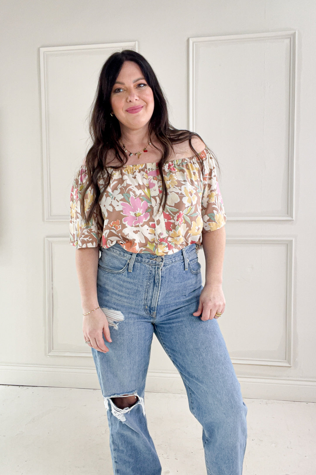 Elastic Scoop Neck Breezy Floral Linen Top