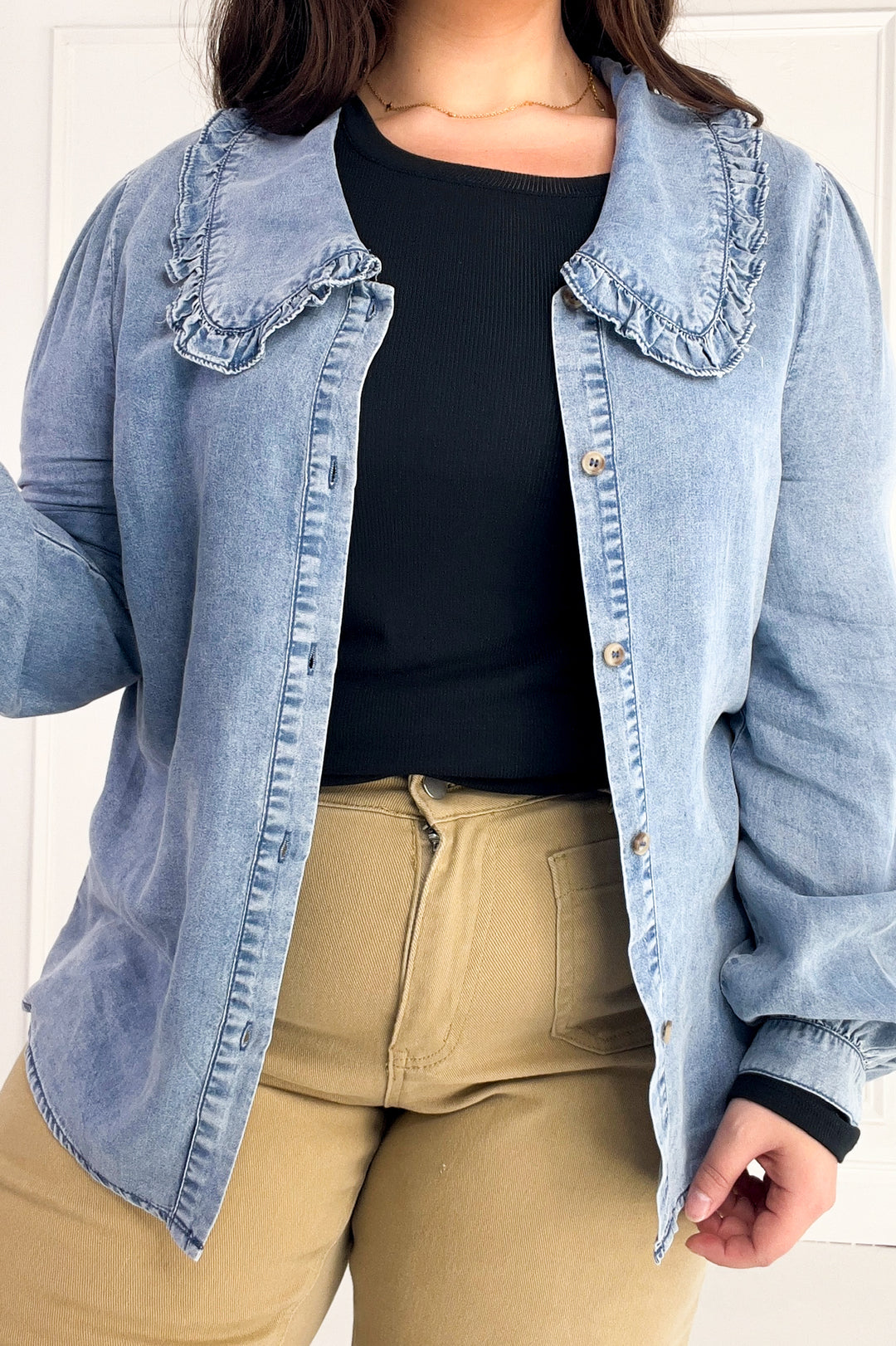 Ruffled Collar Denim Button-Up Blouse