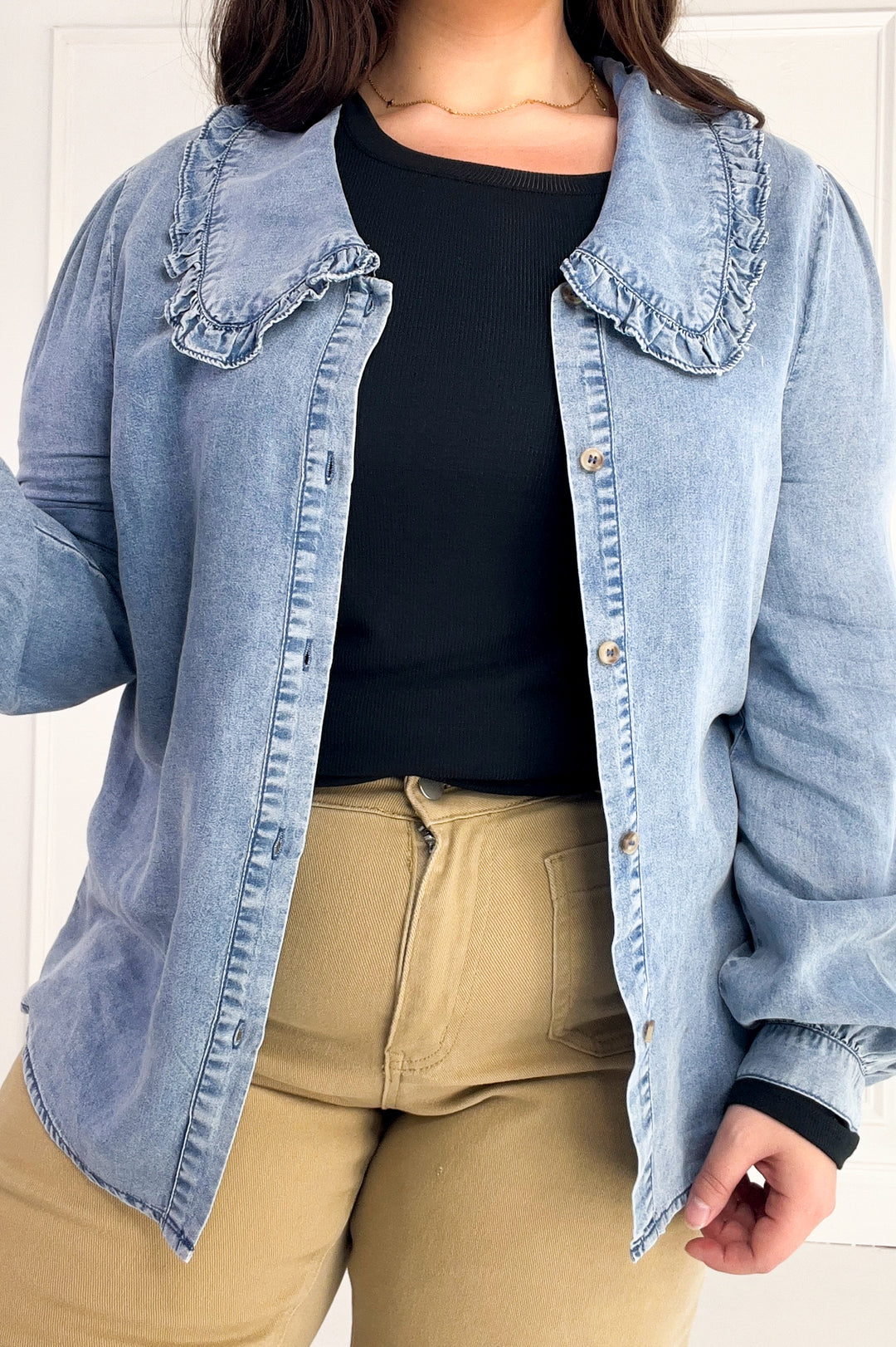Ruffled Collar Denim Button-Up Blouse