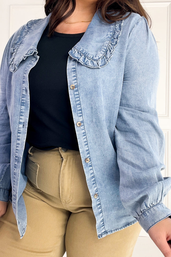 Ruffled Collar Denim Button-Up Blouse