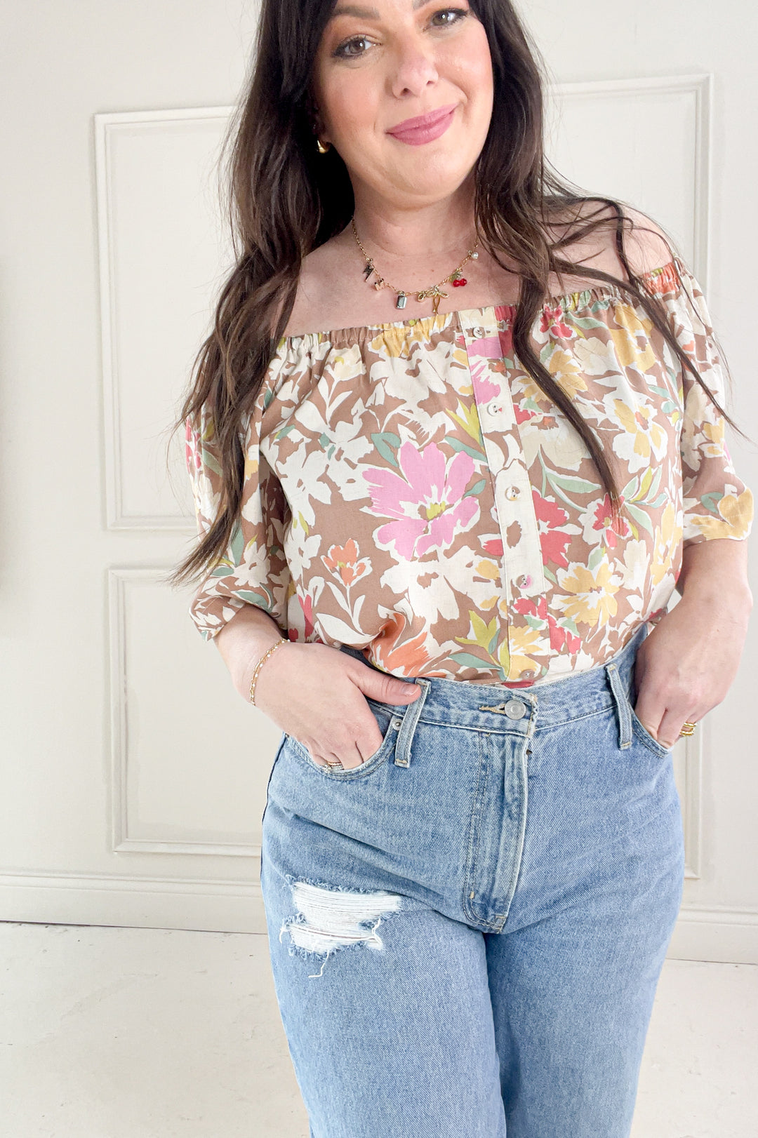 Elastic Scoop Neck Breezy Floral Linen Top