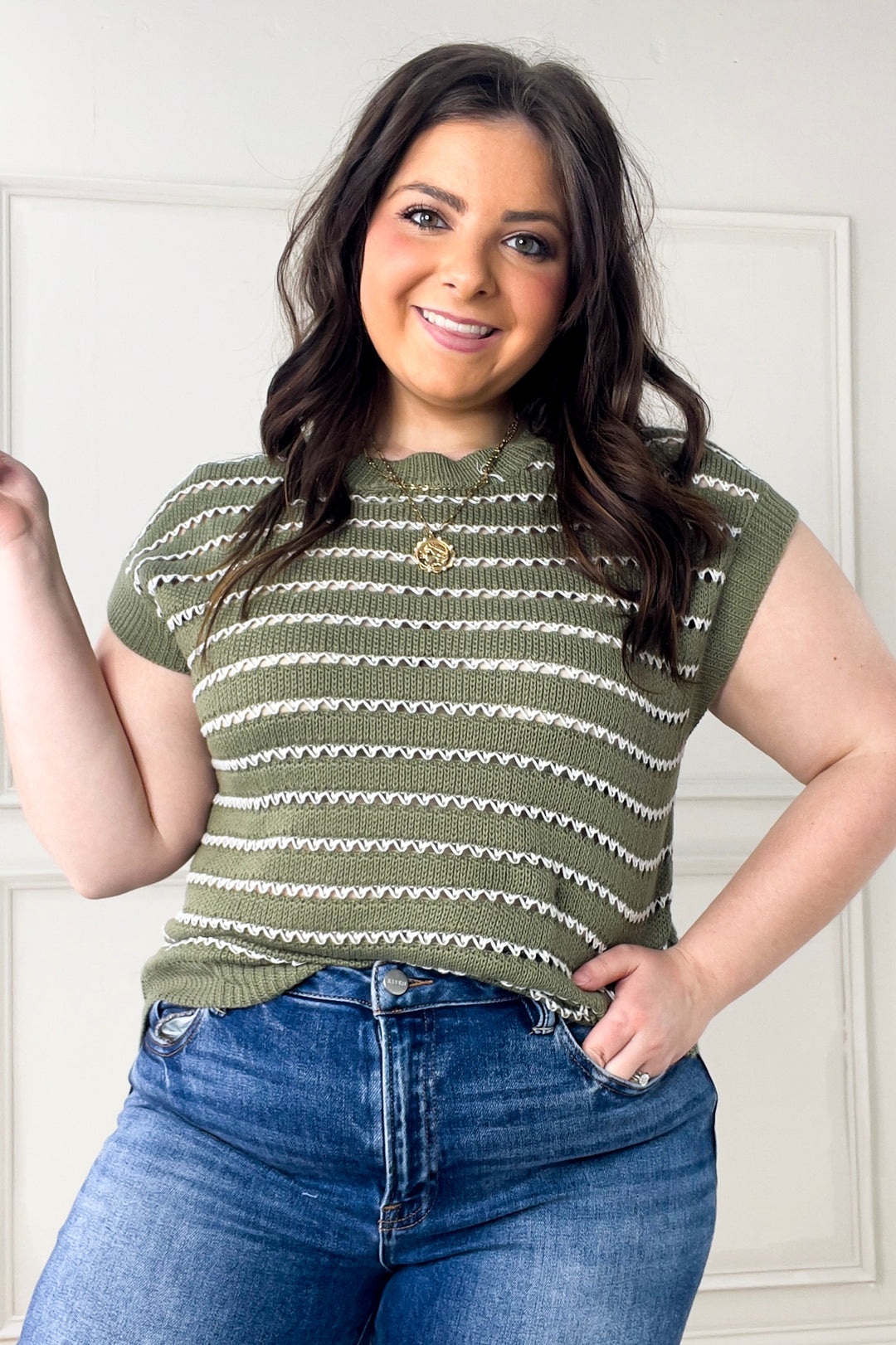 Extended Cap Sleeve Striped Sweater