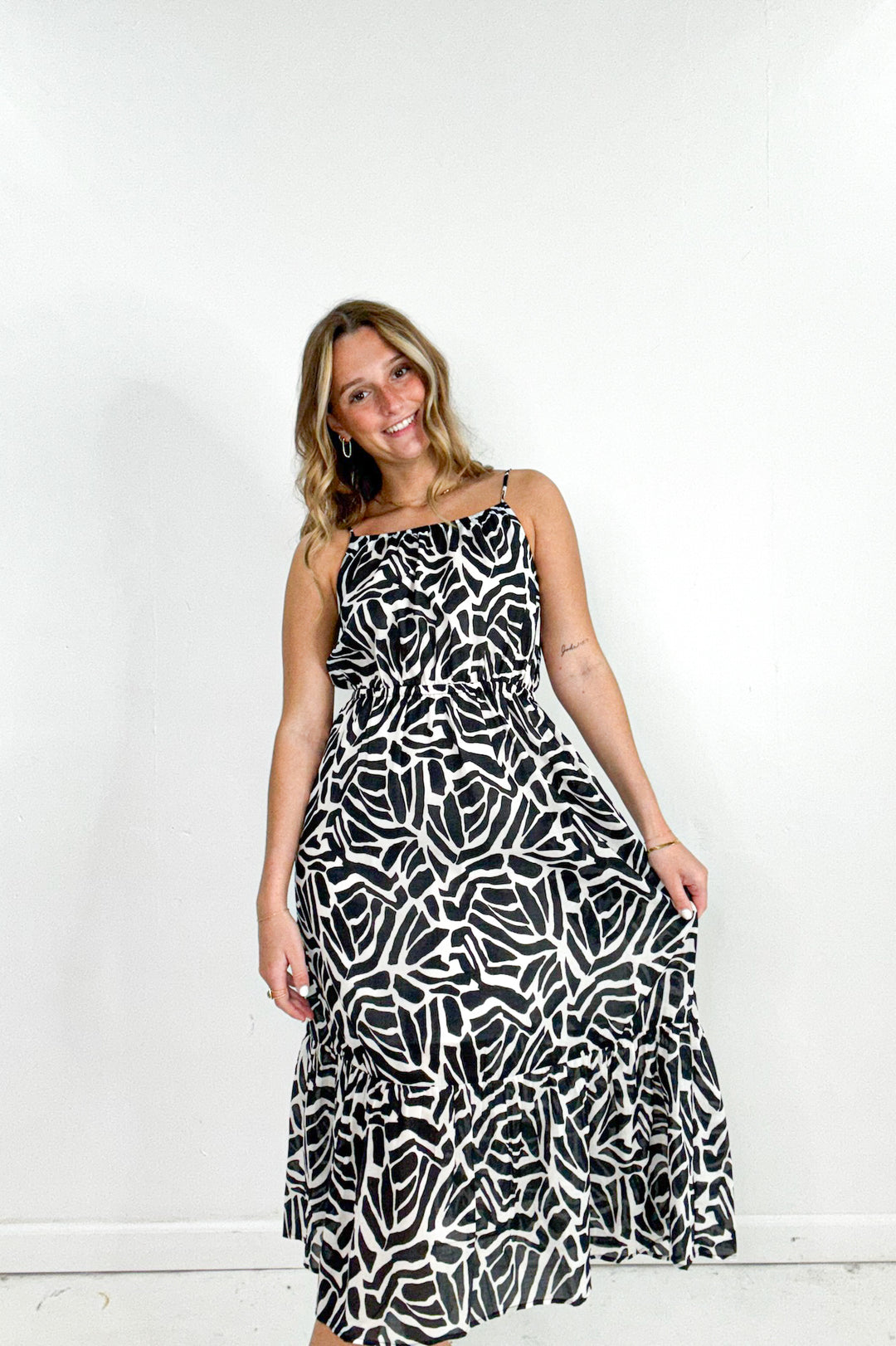 Geo Print Banded Spaghetti Strap Midi Dress