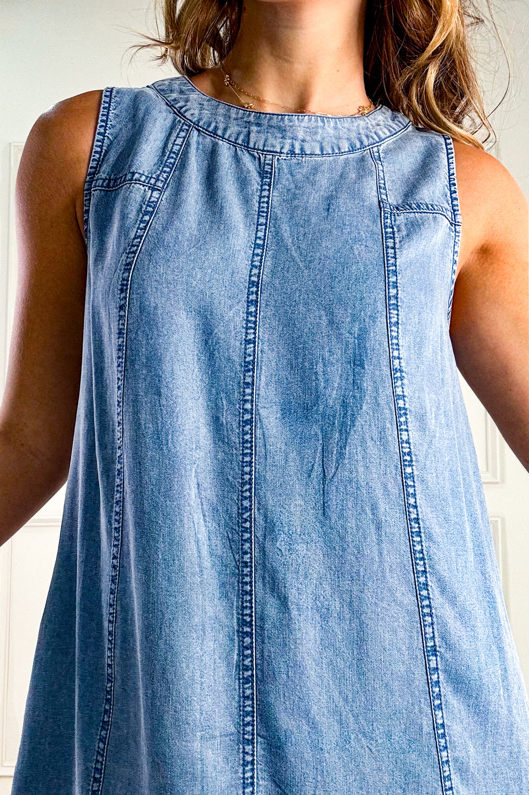 Chambray Round Neckline Sleeveless A-Line Mini Dress