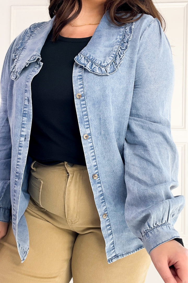 Ruffled Collar Denim Button-Up Blouse