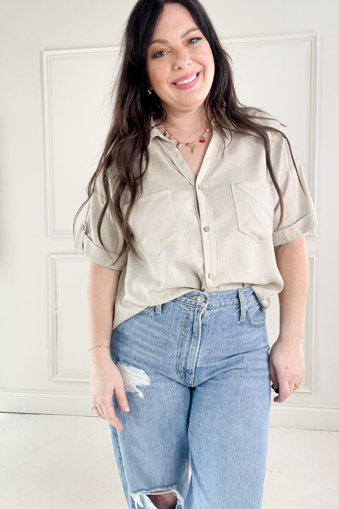 Collared Short Sleeve Button Up Linen Shirt