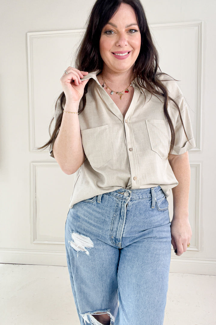 Collared Short Sleeve Button Up Linen Shirt