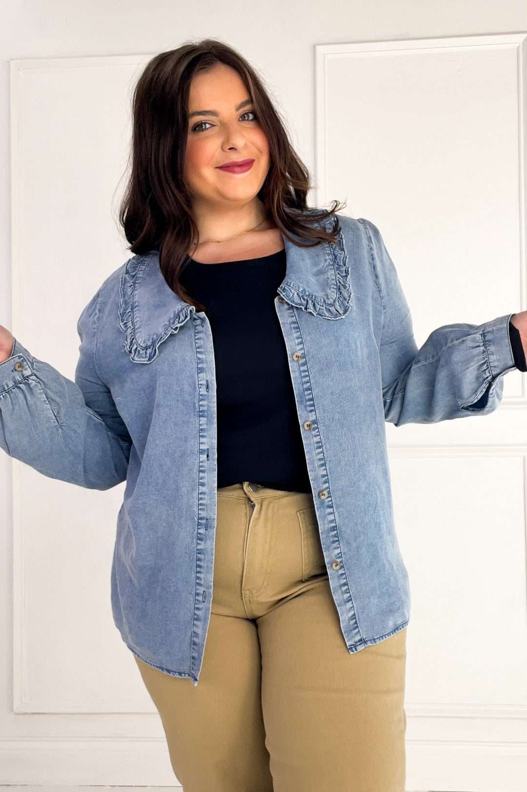 Ruffled Collar Denim Button-Up Blouse