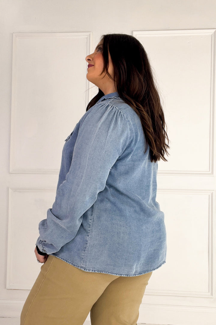 Ruffled Collar Denim Button-Up Blouse