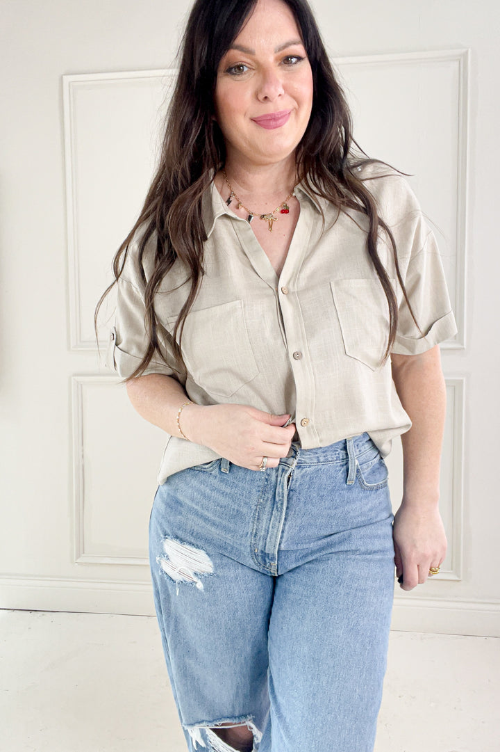 Collared Short Sleeve Button Up Linen Shirt
