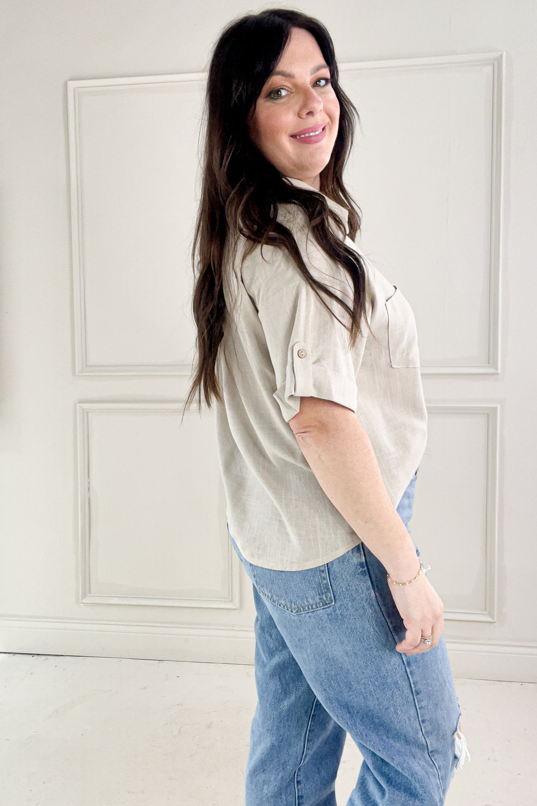 Collared Short Sleeve Button Up Linen Shirt