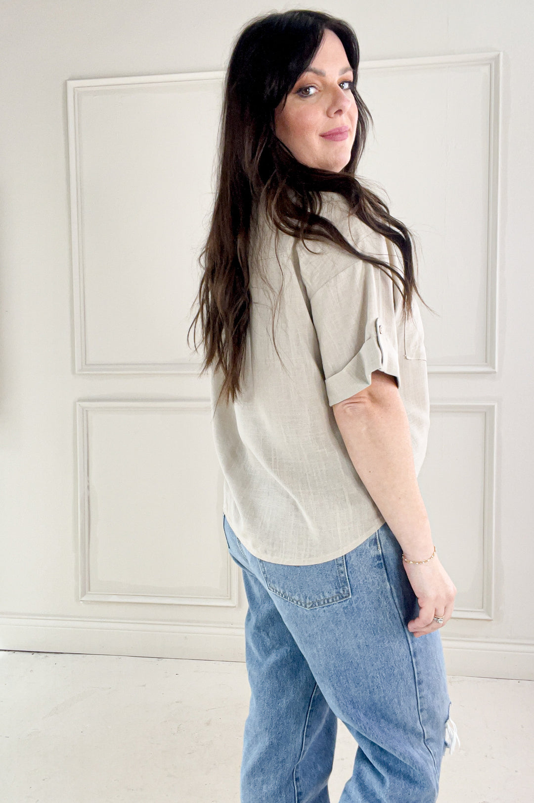 Collared Short Sleeve Button Up Linen Shirt