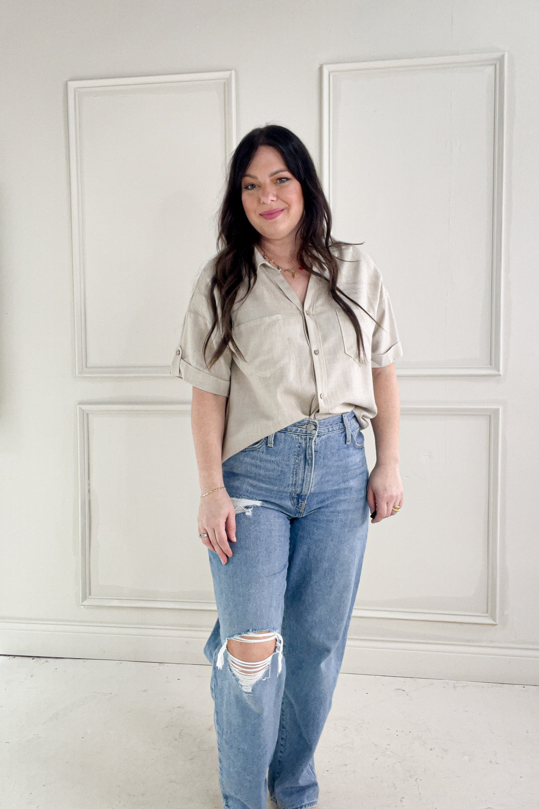 Collared Short Sleeve Button Up Linen Shirt