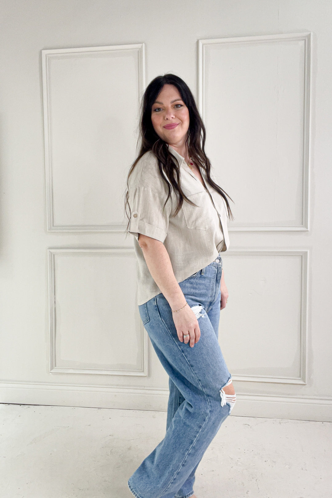 Collared Short Sleeve Button Up Linen Shirt