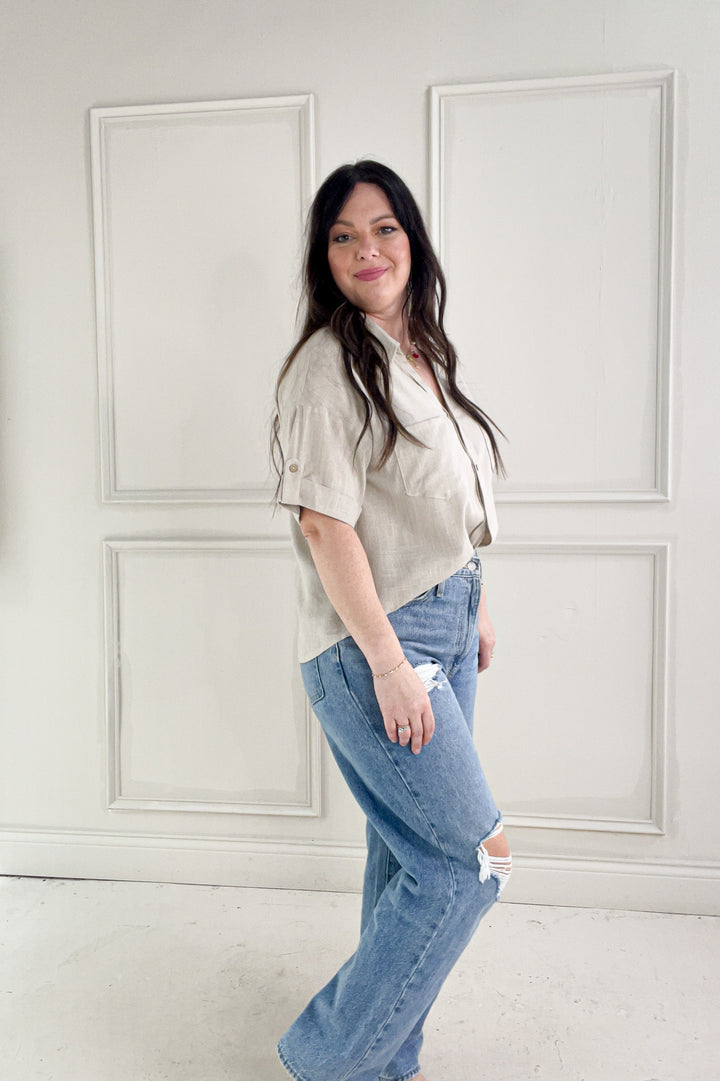 Collared Short Sleeve Button Up Linen Shirt