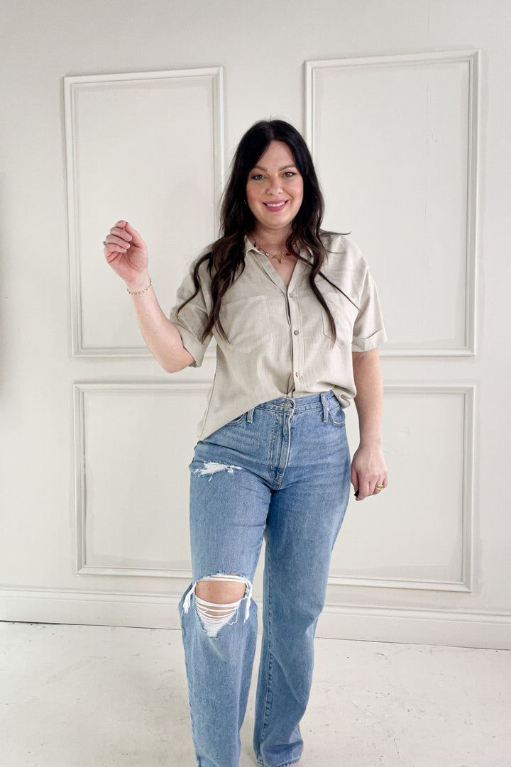 Collared Short Sleeve Button Up Linen Shirt