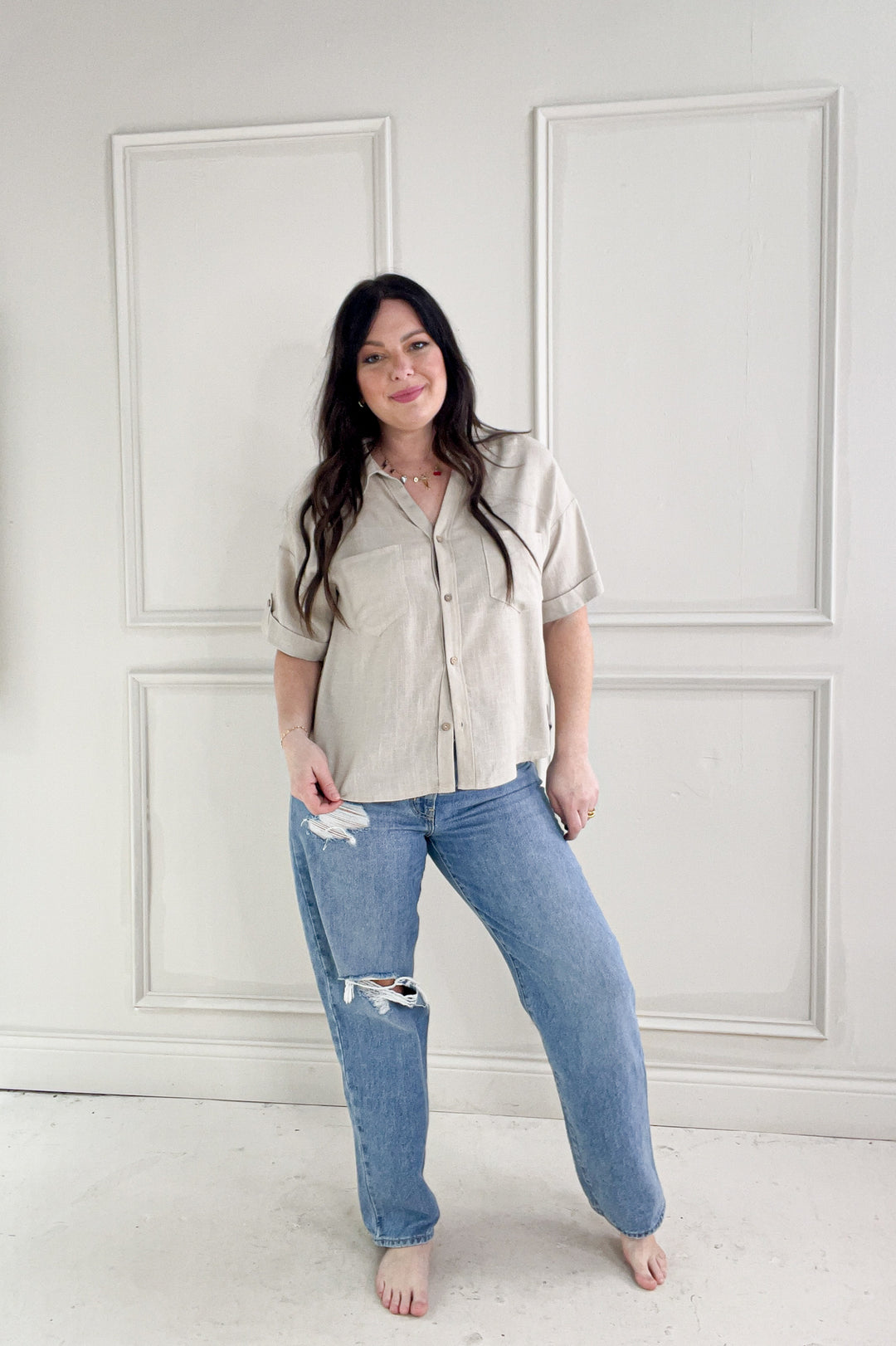 Collared Short Sleeve Button Up Linen Shirt