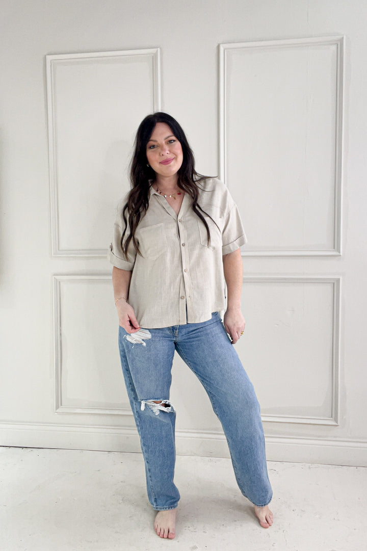 Collared Short Sleeve Button Up Linen Shirt