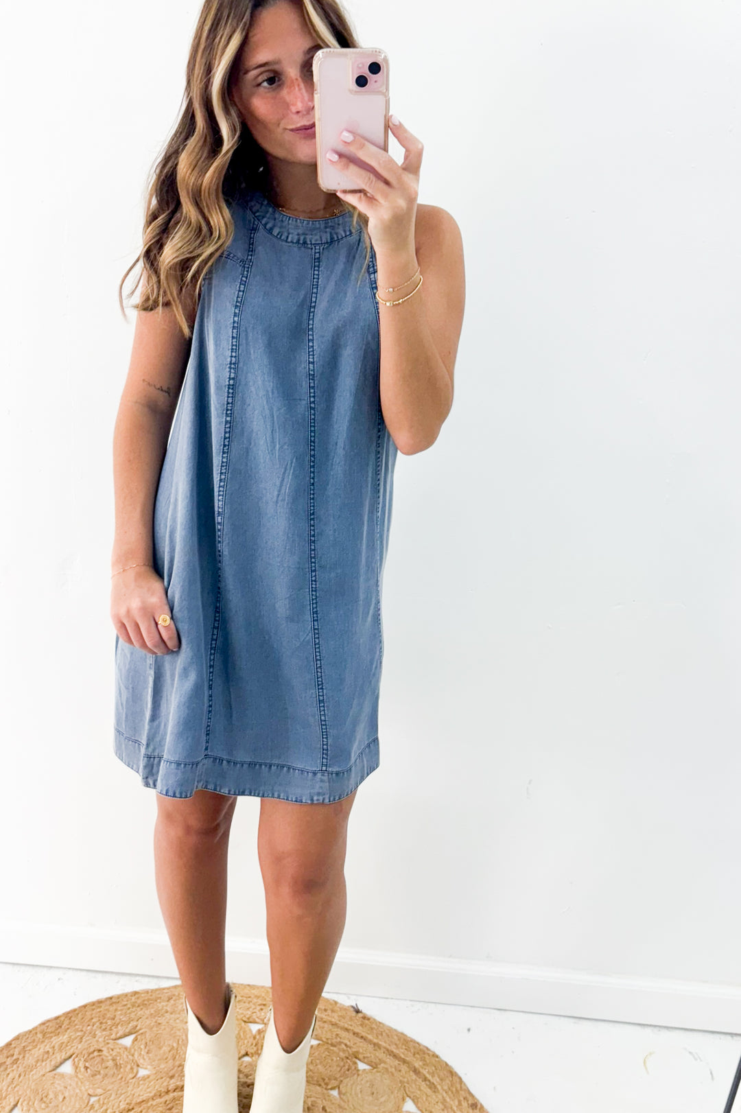 Chambray Round Neckline Sleeveless A-Line Mini Dress