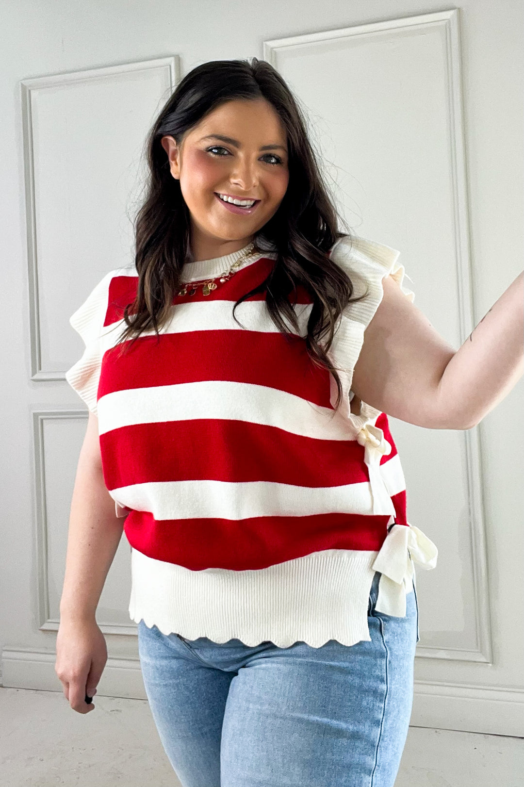 Bold Ribbon Detail Striped Ruffle Sweater