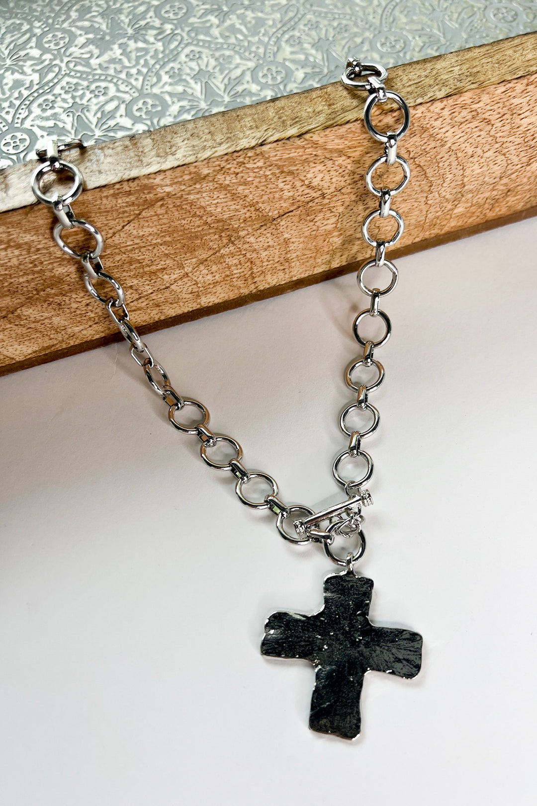 Hammered Cross Front Toggle Necklace