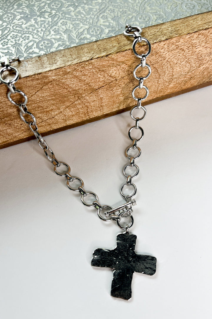 Hammered Cross Front Toggle Necklace