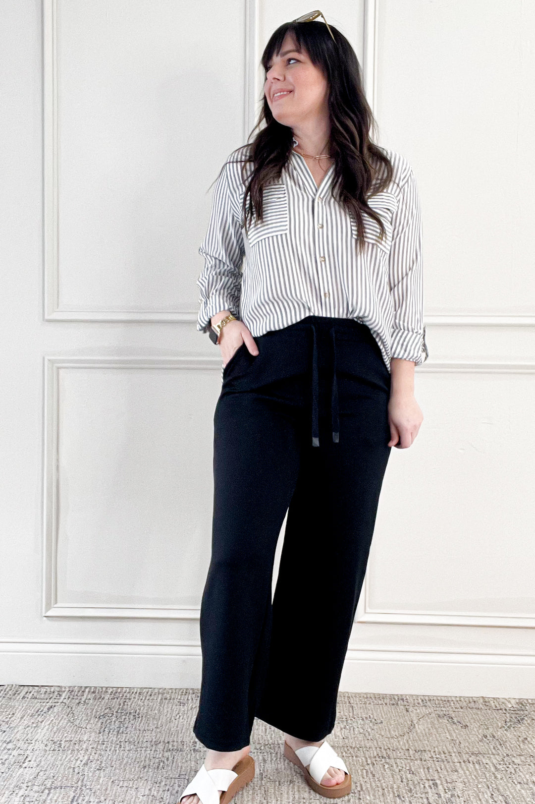 Lightweight Button Down Collared Stripe Top