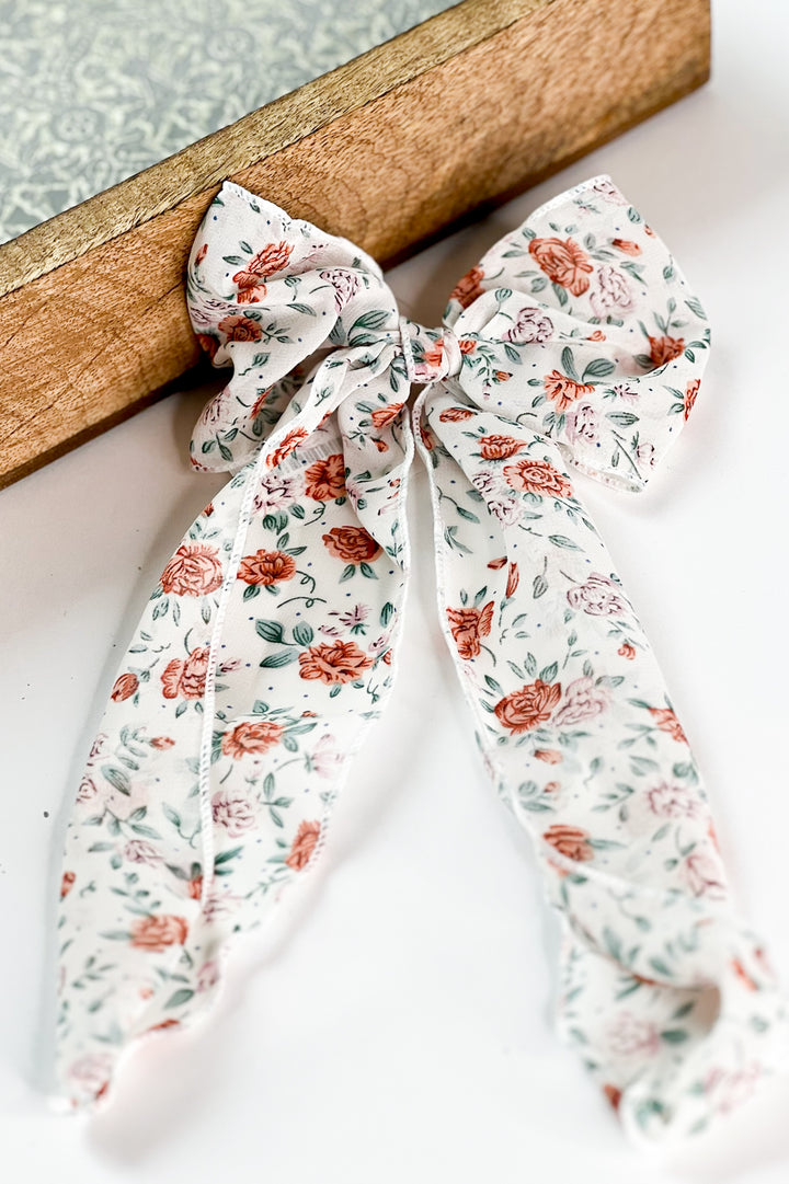 Floral Organza Ribbon Bow Hair Tie Clip