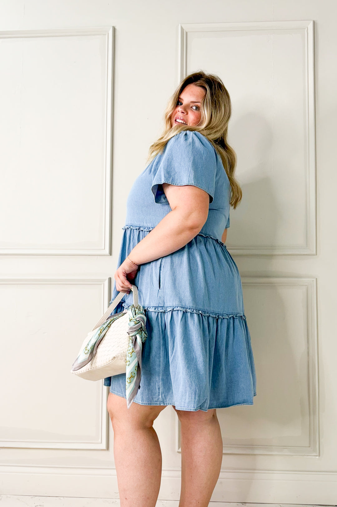 Washed Denim Tiered Babydoll Curvy Dress