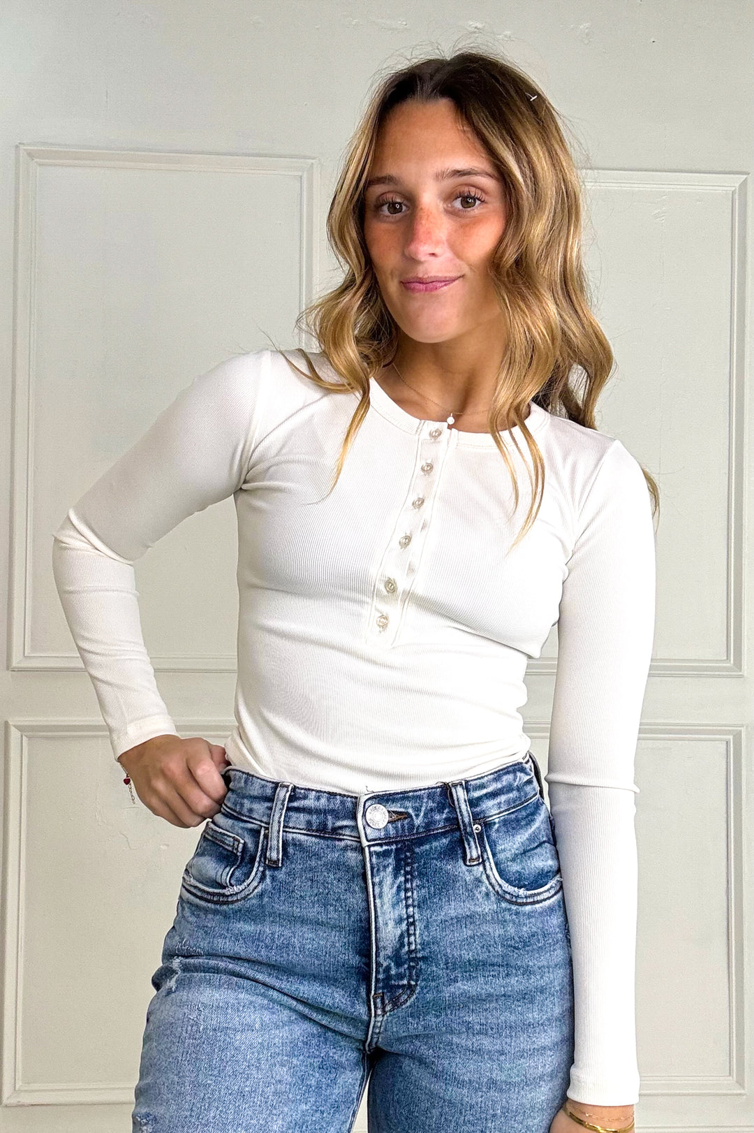 Ribbed Henley Long Sleeve Knit Top