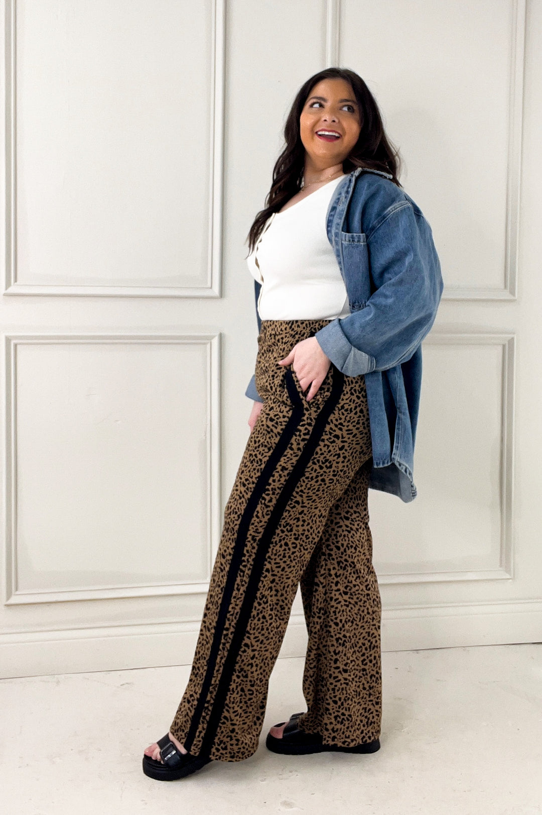 Animal Print Contrast Side Stripe Track Pants